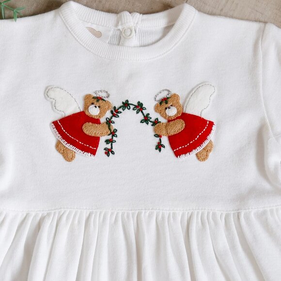 Baby Girl's White 100% Cotton Long Sleeve Dress Crocheted Lace Angel Bear - Picture 2 of 4